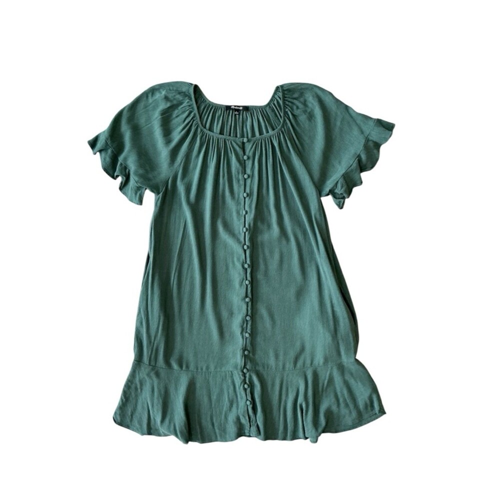 Madewell Green Button Front Mini Dress Ruffle Hem Size S